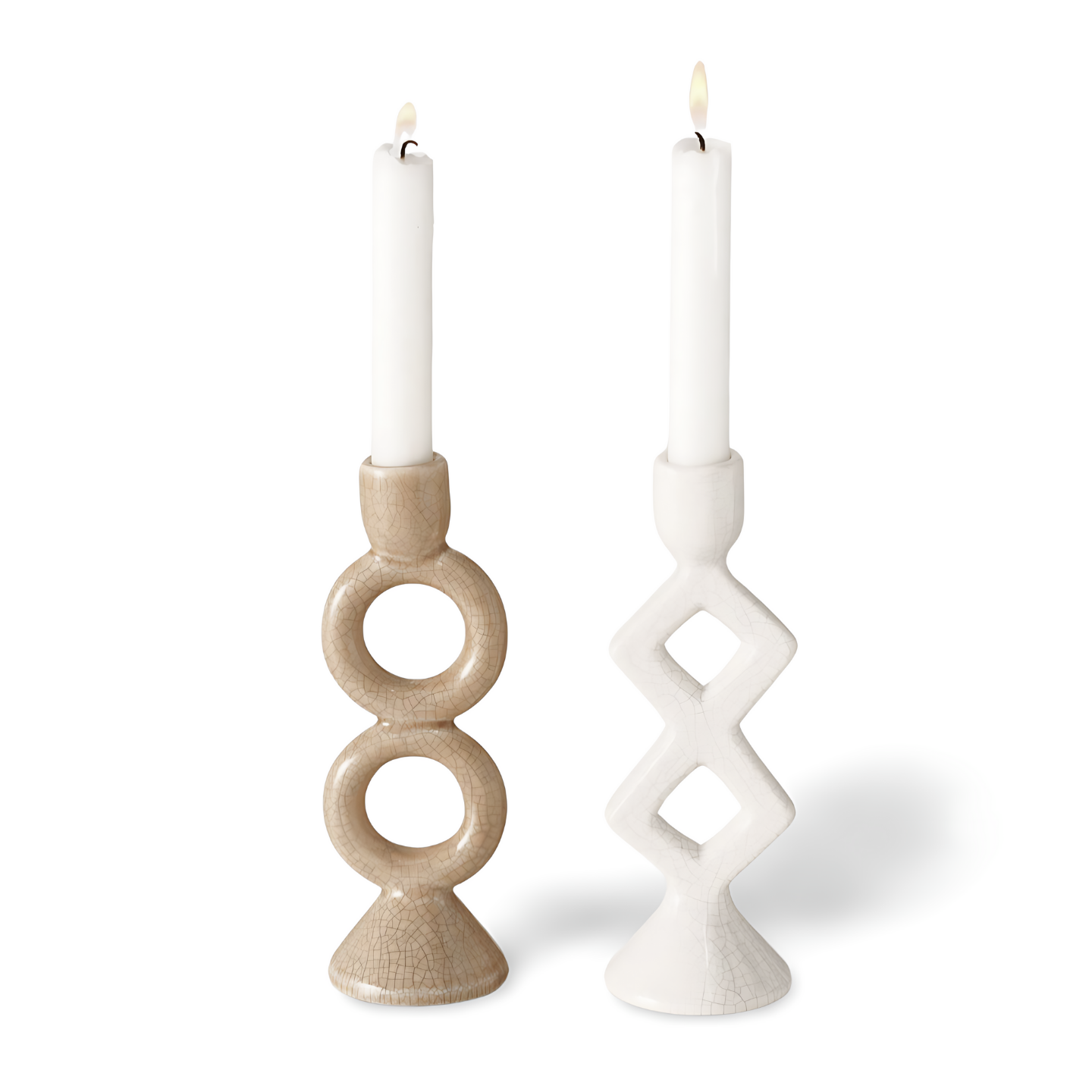 Kandelaar Keramiek Beige/Wit - Set 2