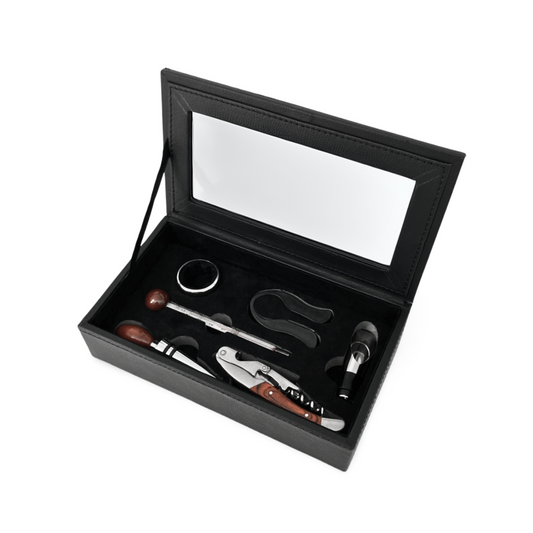 Luxe Wijnset/Accessoires Zwart Leer Binnenkant