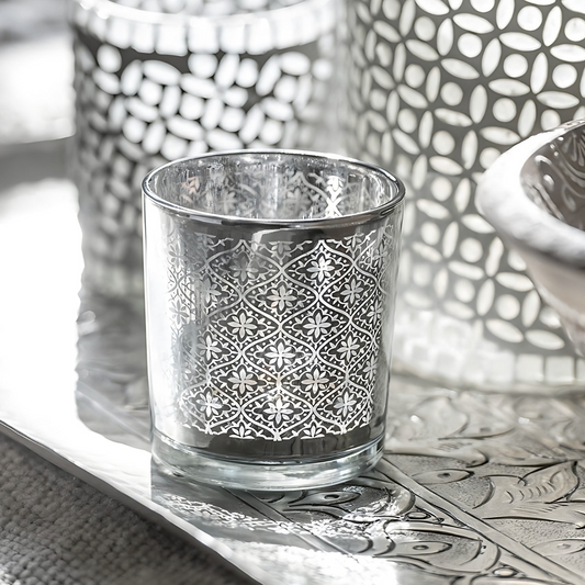 Oosterse Waxinelichthouder Groot Glas Zilver Sfeerfoto