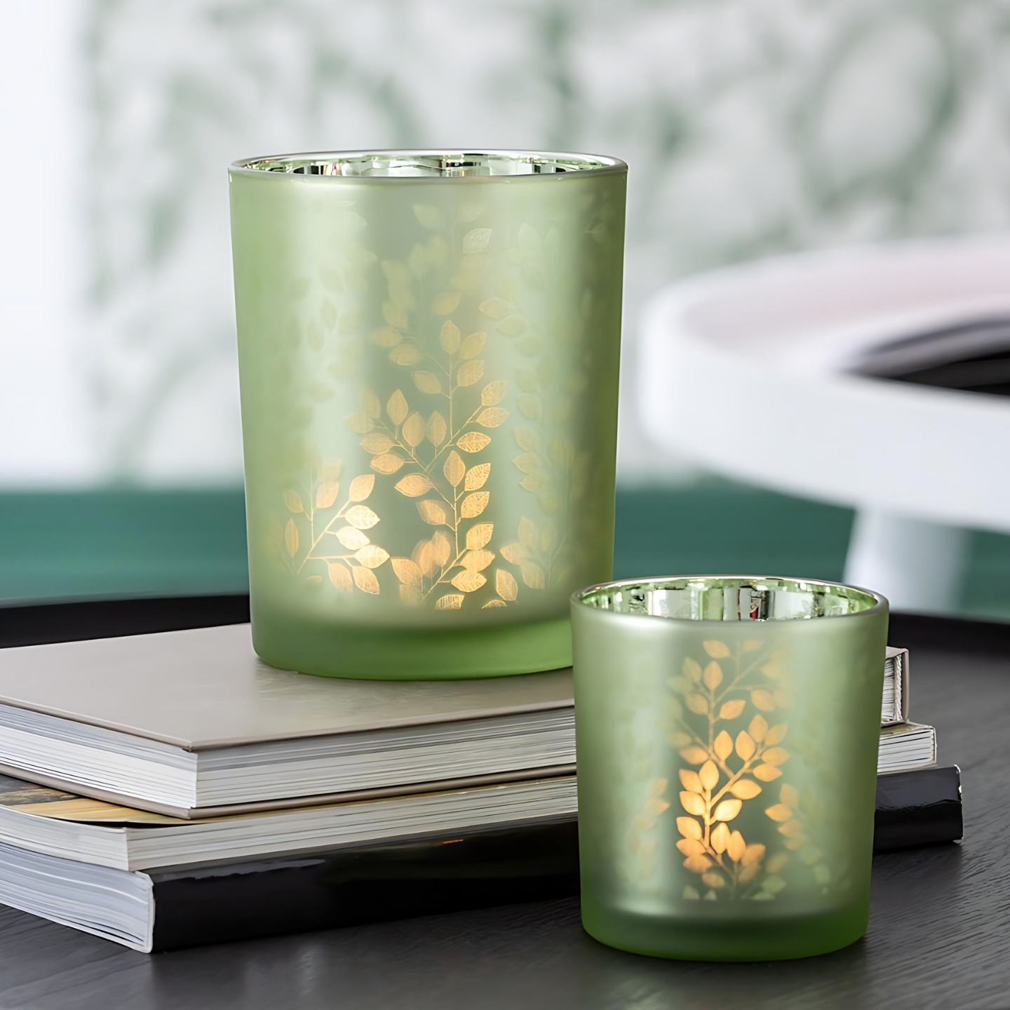 Waxinelichthouder Groot Glas Groen Sfeerfoto