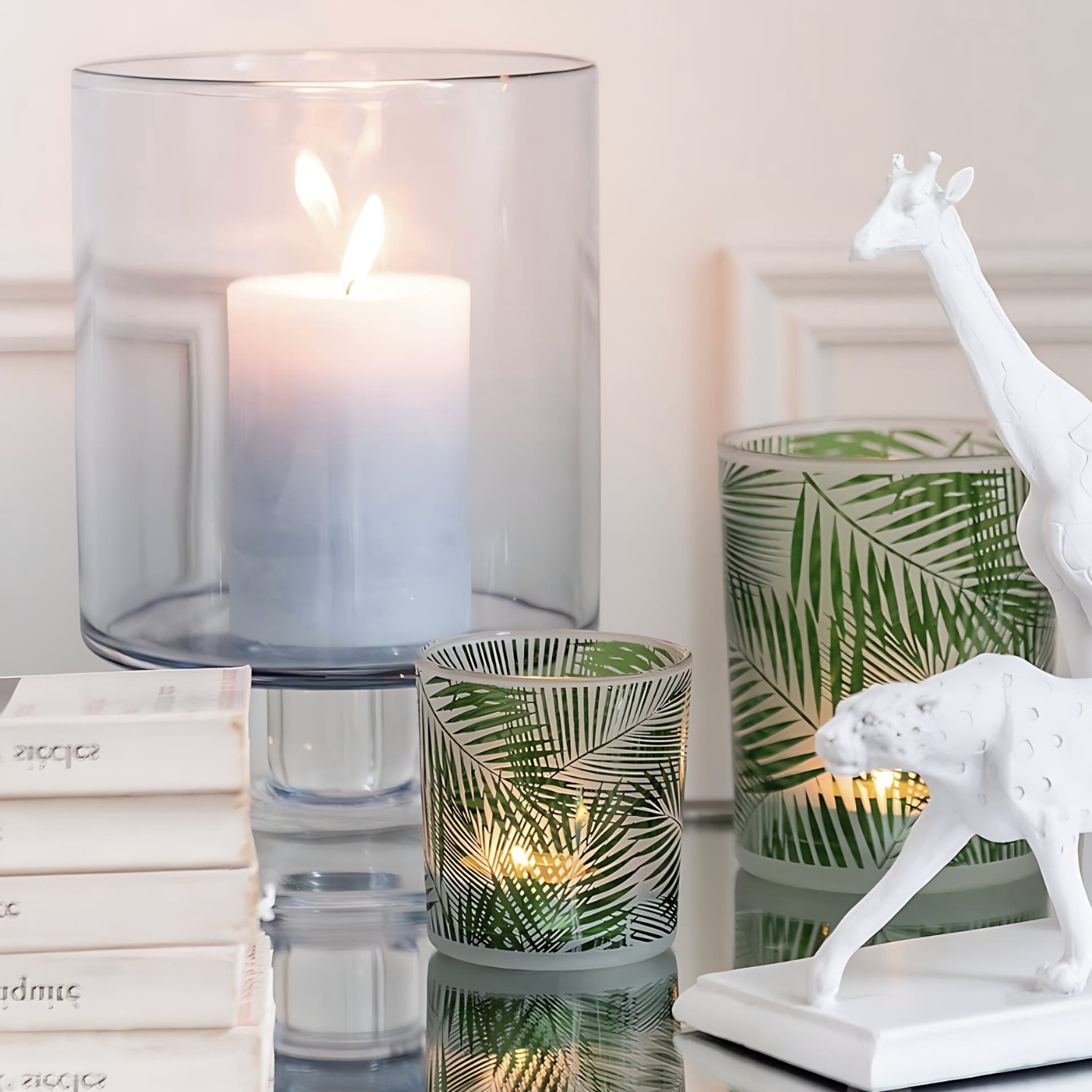 Waxinelichthouder Groot Glas Groen Tropisch Sfeerfoto