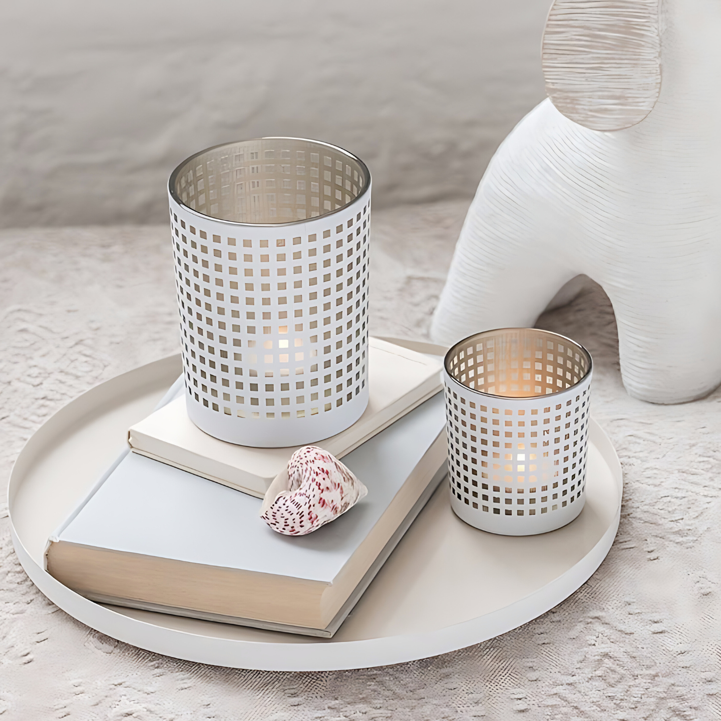 Waxinelichthouder Groot Glas Wit/Beige Sfeerfoto