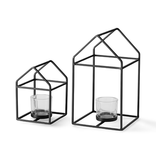 Waxinelichthouder Huisje Zwart Metaal